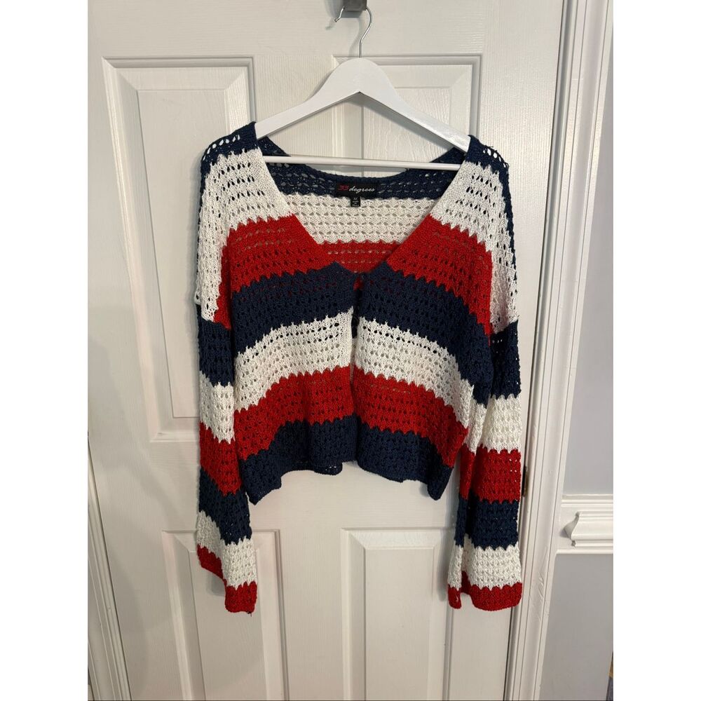 33 Degrees Ted White & Blue Crochet 4th of July Cardigan Sweater sz XL EUC